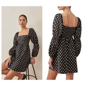 Reformation Michaela Dress Mini Long Sleeve Black/White Polka Dot Size 12 EUC